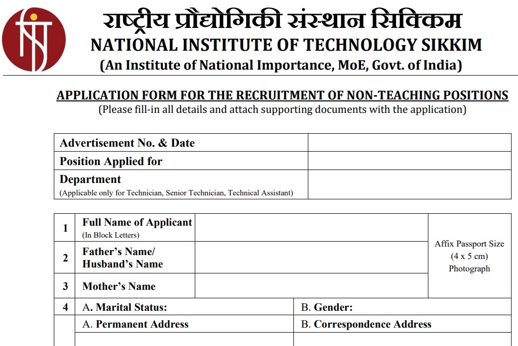 NIT Sikkim Non-Teaching Online Form 2025